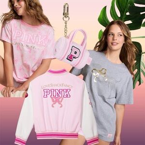 NEW XSmall PINK X LoveShackFancy Varsity Jacket + 2 Tees + keychain bundle